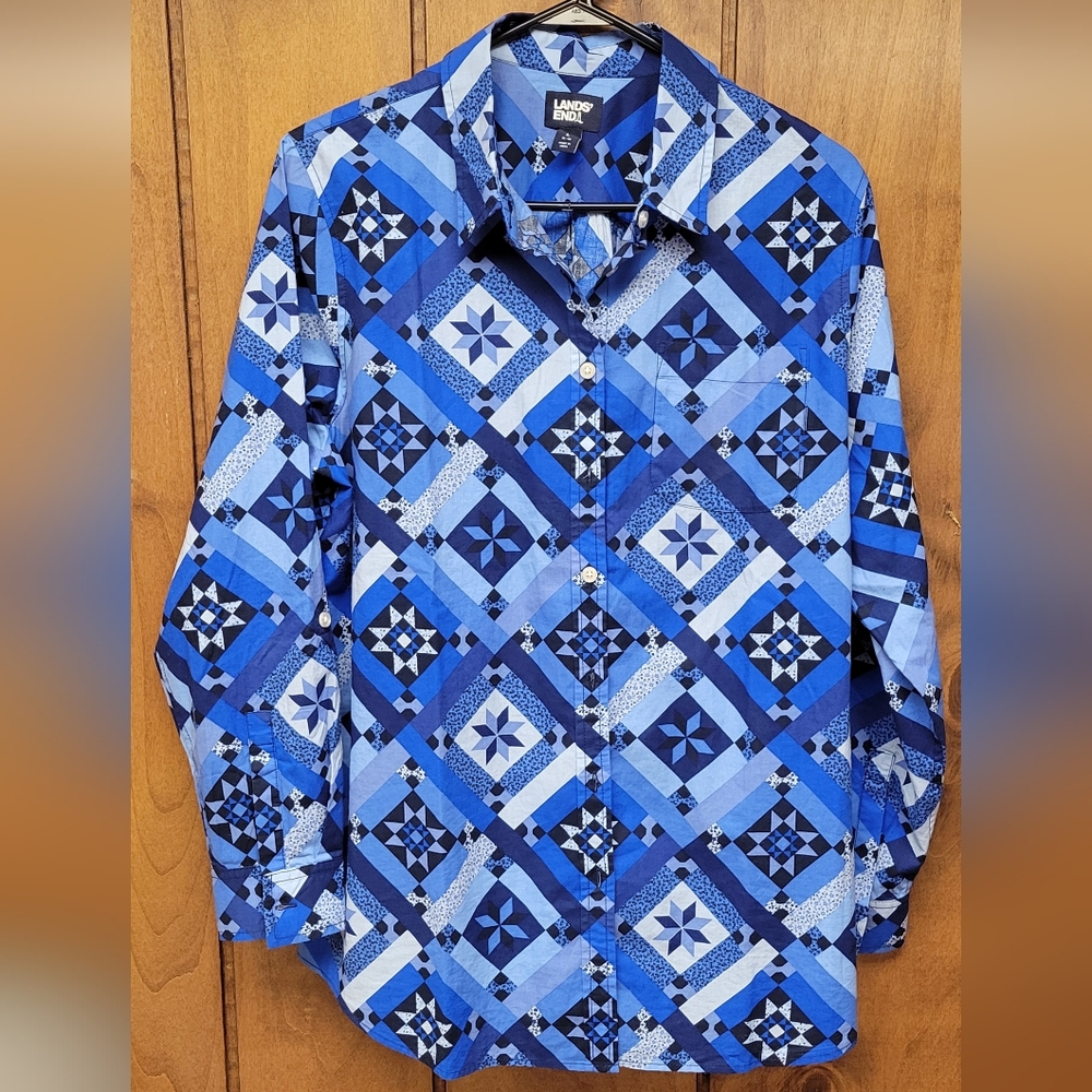 Lands' End Women's Large Cotton Boyfriend Tunic Blue Quilt-look